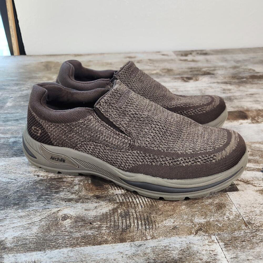 Skechers Arch Fit Mens 9 Brown Knit Slip On Comfort Walking Shoes Sneakers